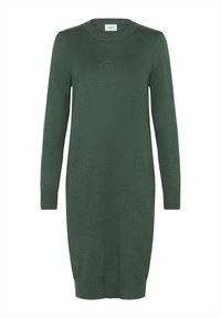 Austs adīts džemperis kleita tumši zaļā krāsā ar garām piedurknēm, apaļu kakla izgriezumu, ribotām aprocēm un brīvu piegriezumu. Gluda faktūra ar smalku rakstu.