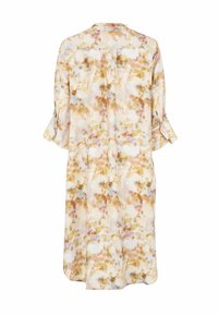 Blumenkleid in Midi-Länge aus leichtem Stoff. Verfügt über Pastellfarben mit abstrakten Mustern, halben Ärmeln und einem einfachen runden Ausschnitt.