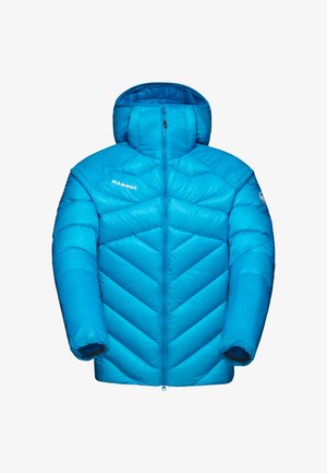 Blauer Daunenjacke mit Kapuze. Ausgestattet mit einem Chevron-Steppdesign, Frontreißverschluss und Logo auf der Brust. Hergestellt aus leichtem, isolierendem Material.