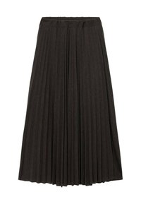 Plisserad lång kjol i mörkgrått tyg, med hög midjeresår och vertikalt veckmönster för textur och rörelse.