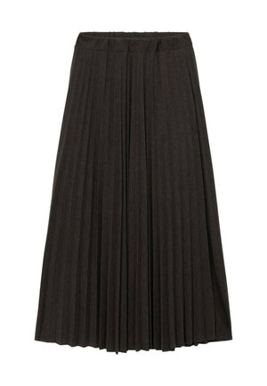 Skládaná dlouhá sukně z tmavě šedé látky, s vysokým pasem a vertikálním žíháním pro texturu a plynulý pohyb.