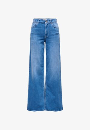 Niebieskie dżinsy o szerokich nogawkach, jasny odcień, wysokowy fason, z klasycznym pięciokieszeniowym krojem i subtelnym blaknięciem materiału.