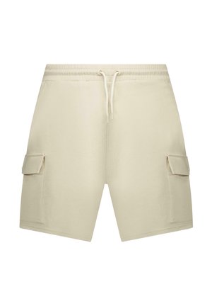 Beige cargoshorts met een elastische tailleband, trekkoord, twee zijzakken en afsluitbare cargozakken met knoppen op elke pijp.