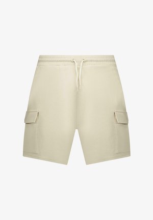 Beige cargoshorts met een elastische tailleband, trekkoord, twee zijzakken en afsluitbare cargozakken met knoppen op elke pijp.