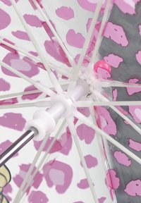Dessous d'un parapluie transparent avec un motif léopard rose et des nervures et supports blancs.