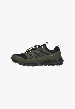 Waterproof black and green trail shoes with a textured upper, elastic laces, and a rugged sole for traction. Features "ENDURANCE" branding.