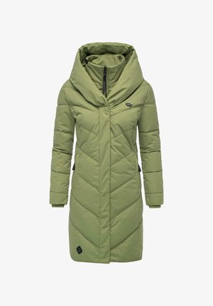 Manteau matelassé en vert clair, avec une grande capuche, fermeture éclair, couture en chevrons diagonaux et poches latérales avec des poignets doux.