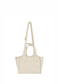 Valge nahast käekott, mille külgedel on kootud detailid, kahel pealmisel sangal ja reguleeritav õlarihm. Sile tekstuur, minimalistlik disain.