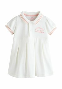 Valge polo kleit lühikeste varrukatega, roosa triibulise aktsendiga, esipleated ja broderiga "HAPPY BABY CLUB" tekst. Pehme, tekstuuriga kangas.