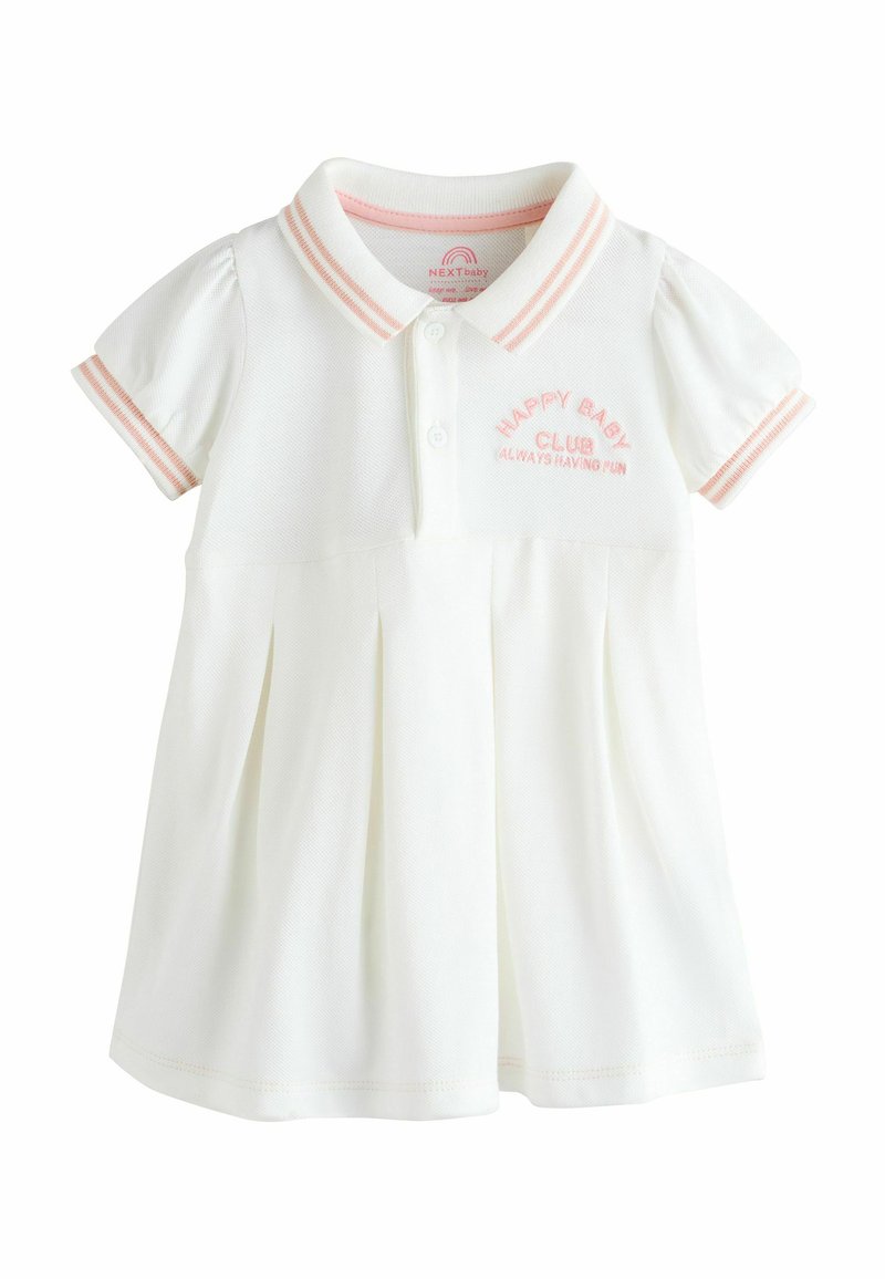 Valge polo kleit lühikeste varrukatega, roosa triibulise aktsendiga, esipleated ja broderiga "HAPPY BABY CLUB" tekst. Pehme, tekstuuriga kangas.