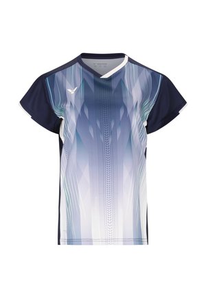 Kortærmet sportstrøje med et blåt og hvidt gradient geometrisk mønster og marineblå ærmer, med V-hals og lille logo på brystet.