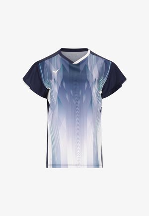 Kortærmet sportstrøje med et blåt og hvidt gradient geometrisk mønster og marineblå ærmer, med V-hals og lille logo på brystet.
