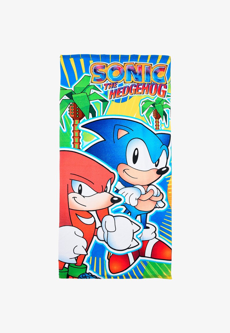 Sonic the Hedgehog strandhanddoek met levendige kleuren, polyesterstof en een grafische print van Sonic en Knuckles met palmbomen.