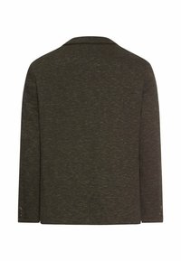 Mørkegrøn blazer med et struktureret stof, standard notched lapel, lange ærmer og detaljer med tre-knaps manchetter på ærmerne.