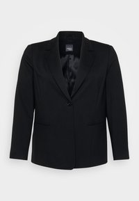 Blazer noir avec revers crantés, fermeture à un bouton, et deux poches avant. Fabriqué en tissu lisse avec une coupe ajustée et des manches longues.