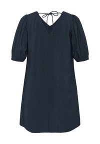 Vestido azul marino con un tejido texturizado, mangas cortas abullonadas, escote en V y un cierre con lazo en la parte posterior. Diseño simple de corte holgado.