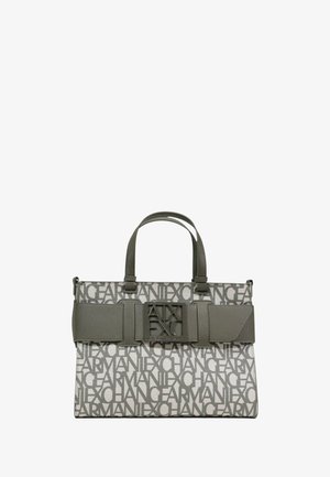 Obdélníková taška s opakujícím se vzorem loga Armani Exchange, dvěma uchy a velkou střední přezkou v odstínech šedé.
