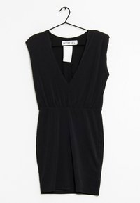 Mustapuku, jossa on syvä V-pääntie, lyhyet hihat ja vartalonmyötäinen vyötärö. Valmistettu sileästä kankaasta, se ulottuu puoliväliin reisiä ja siinä on yksinkertainen muotoilu.