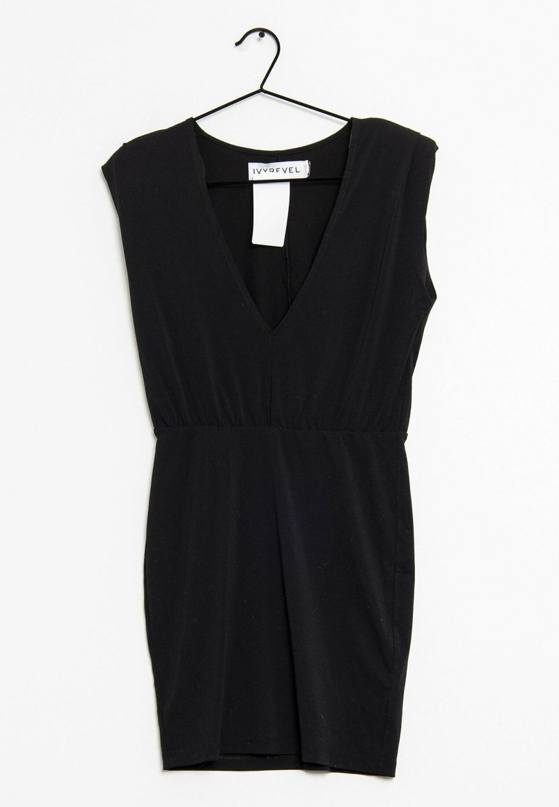 Mustapuku, jossa on syvä V-pääntie, lyhyet hihat ja vartalonmyötäinen vyötärö. Valmistettu sileästä kankaasta, se ulottuu puoliväliin reisiä ja siinä on yksinkertainen muotoilu.