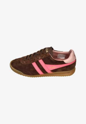 Brown suede sneaker with pink leather stripes and heel, brown laces, gum sole, and "Gola" branding on side and tongue.