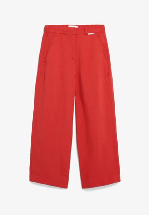 Rote weite Hosen aus leichtem Stoff, mit zwei Seitentaschen und einem klassischen Bunddesign. Glatte Textur und einfacher Stil.