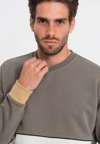 Grå sweatshirt med rund halsudskæring, der har beige manchetter og en subtil sort stribe forneden. Lavet af et blødt, struktureret stof.