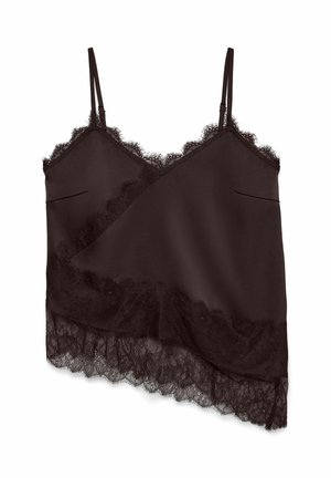 Juoda satino kamizolė su reguliuojamomis petnešėlėmis, puošta sudėtinga nėrinių apdaila ties iškirpte ir apačia, minkšta, laisvai krintanti tekstūra.