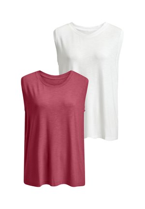 Two sleeveless women's tops, one in dark pink and one in white, displayed on a white background.