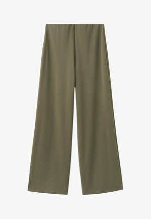Olivengrønne viddebukser med elastisk talje, glat stof og en løs, flydende pasform.