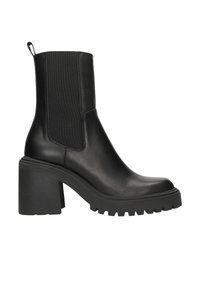 Botín negro de tobillo hecho de cuero suave con lados elásticos, tacón grueso y suela resistente. Diseño simple, sin adornos.