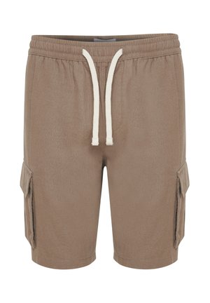 Braune Cargo-Shorts mit einem elastischen Bund und einer cremefarbenen Kordel, ausgestattet mit Seitentaschen und einem glatten, strukturierten Stoff.