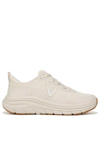 Beige athletic shoes featuring a mesh upper, textured design, rounded toe, lace-up closure, and a chunky rubber sole with a gum outsole.