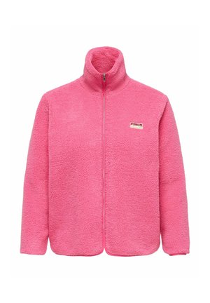 Rosa fleecejacka med hög krage, hel dragkedja och texturerad yta. Har en liten märkespatch på sidan.