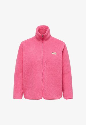 Rozā flīsa jaka ar augstu apkakli, pilna garuma rāvējslēdzēju un reljefainu virsmu. Sānos ir neliela zīmola uzlīme.