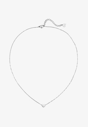 Zarte silberne Kette mit kleinem Herzanhänger und verstellbarem Verschluss mit kleinem Herzanhänger am Ende.