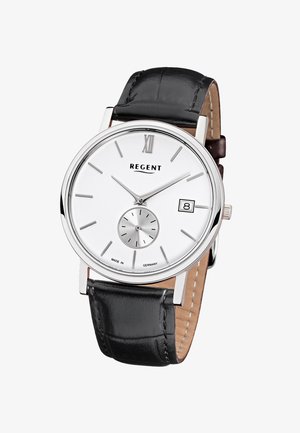 Montre-bracelet Regent avec cadran blanc, bracelet en cuir noir, index des heures argentés, petit cadran des secondes et guichet de date affichant le 8.