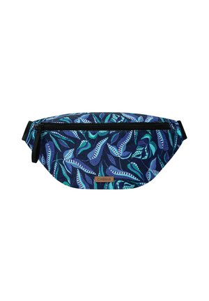 Navy blue waist bag with teal and light blue leaf patterns, black zipper, and adjustable black strap. Small brown Cabaia brand label on front.