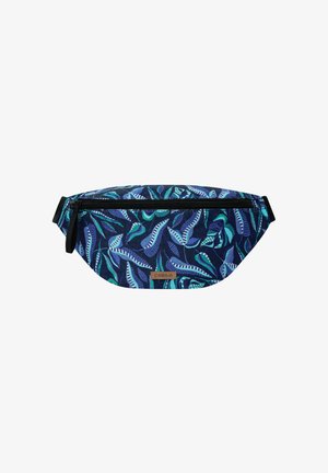 Navy blue waist bag with teal and light blue leaf patterns, black zipper, and adjustable black strap. Small brown Cabaia brand label on front.