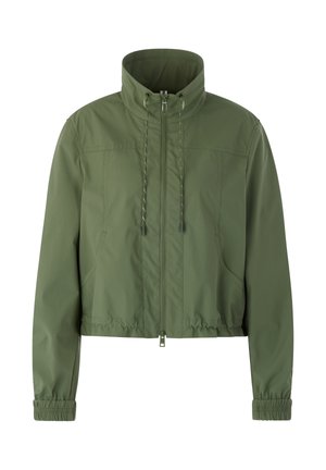 Olive green lightweight jacket with high collar, front zipper, drawstring at neck, elastic cuffs, and elastic hem.