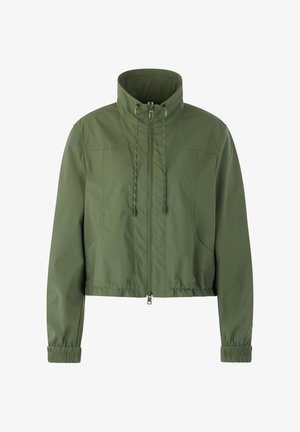 Olive green lightweight jacket with high collar, front zipper, drawstring at neck, elastic cuffs, and elastic hem.
