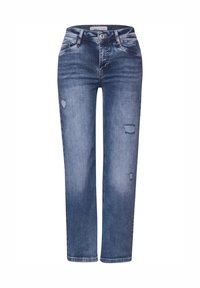 Jean en denim bleu avec une coupe droite, comportant des patchs déchirés, une fermeture à bouton et un style à cinq poches.