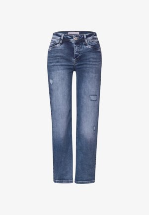 Blauwe spijkerbroeken met een rechte pijpdesign, voorzien van versleten patches, een knoopsluiting en vijf-pocket styling.