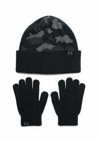 Black knit beanie with a camouflage pattern and folded ribbed cuff, accompanied by matching black knit gloves with ribbed cuffs.