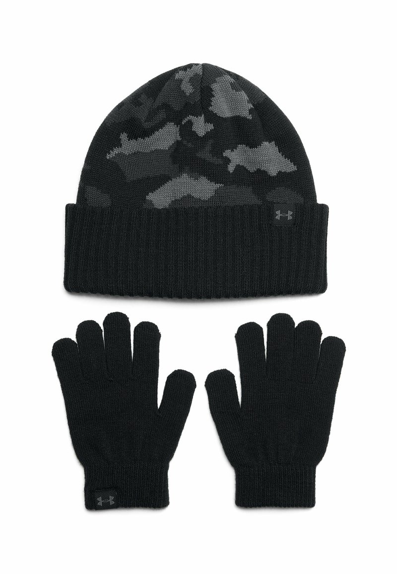 Black knit beanie with a camouflage pattern and folded ribbed cuff, accompanied by matching black knit gloves with ribbed cuffs.