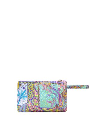 Portafoglio da polso rettangolare con motivi paisley e floreali multicolori in blu, viola, giallo e verde, con cinturino laterale e chiusura con zip.