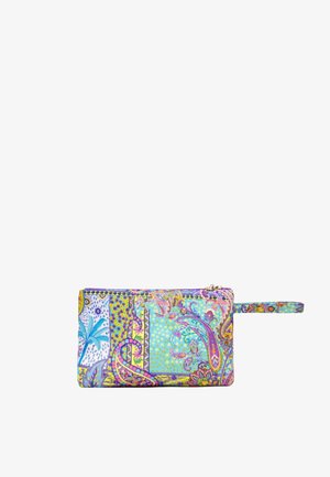Portafoglio da polso rettangolare con motivi paisley e floreali multicolori in blu, viola, giallo e verde, con cinturino laterale e chiusura con zip.