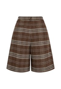 Short en laine à carreaux marron et gris avec taille haute et plis, vu de dos sur fond blanc.