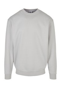 Felpa grigia chiara in cotone, con scollatura rotonda, maniche lunghe, polsini a coste e orlo a coste. Texture liscia, design minimalista.