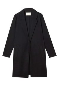 Manteau long noir en tissu texturé, avec un col cranté, une ouverture sur le devant et deux poches latérales. Design simple et moderne sans ornements.