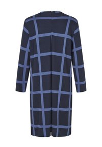 Granatowa sukienka z niebieskim wzorem w kratę, z długimi rękawami i zamkiem z tyłu. Gładka tkanina i długość do kolan z bocznymi rozcięciami na dole.